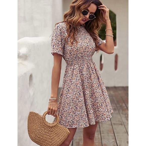 Multicolor Floral Printed A-Line Belted Mock Turtleneck Short Sleeve Mini Dress - Picture 2 of 8